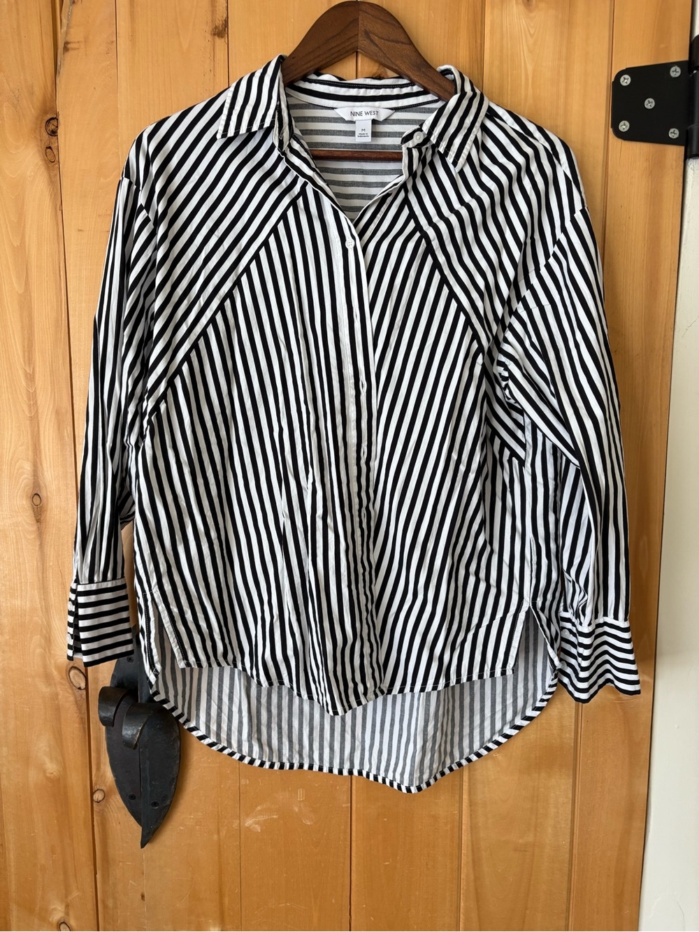 Nine West Black and White Vertical Stripe Button-Down Blouse